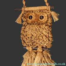 Load image into Gallery viewer, LARGE Rustic 1970s Vintage Macrame WALL HANGING Barn Owl Sitting on a Branch. 27 inches overall height
