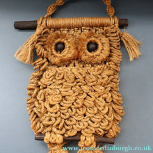 Load image into Gallery viewer, LARGE Rustic 1970s Vintage Macrame WALL HANGING Barn Owl Sitting on a Branch. 27 inches overall height
