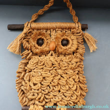 Load image into Gallery viewer, LARGE Rustic 1970s Vintage Macrame WALL HANGING Barn Owl Sitting on a Branch. 27 inches overall height
