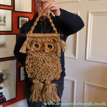 Load image into Gallery viewer, LARGE Rustic 1970s Vintage Macrame WALL HANGING Barn Owl Sitting on a Branch. 27 inches overall height
