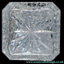 Load image into Gallery viewer, Vintage LARGE Square Cut CRYSTAL Decanter with Faceted Heavy Globe Stopper; possibly Royal Doulton
