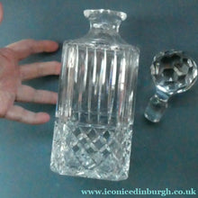 Load image into Gallery viewer, Vintage LARGE Square Cut CRYSTAL Decanter with Faceted Heavy Globe Stopper; possibly Royal Doulton
