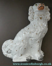 Load image into Gallery viewer, LARGE Staffordshire Dogs Chimney Spaniels / Wally Dugs. 12 1/2 inches. ANTIQUE PAIR with yellow painted eyes; 1880
