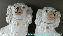 Load image into Gallery viewer, LARGE Staffordshire Dogs Chimney Spaniels / Wally Dugs. 12 1/2 inches. ANTIQUE PAIR with yellow painted eyes; 1880
