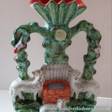 Load image into Gallery viewer, Antique Victorian Flatback Staffordshire Pottery Spill Vase. Three Sheep at a Well 
