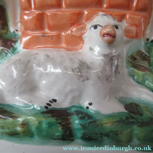 Load image into Gallery viewer, Antique Victorian Flatback Staffordshire Pottery Spill Vase. Three Sheep at a Well 
