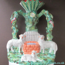 Load image into Gallery viewer, Antique Victorian Flatback Staffordshire Pottery Spill Vase. Three Sheep at a Well 
