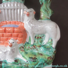 Load image into Gallery viewer, Antique Victorian Flatback Staffordshire Pottery Spill Vase. Three Sheep at a Well 
