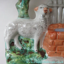 Load image into Gallery viewer, Antique Victorian Flatback Staffordshire Pottery Spill Vase. Three Sheep at a Well 
