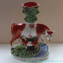 Load image into Gallery viewer, Large Staffordshire Spill Vase / Antique Figurine of a Cow Suckling her Calf by the Side of a River
