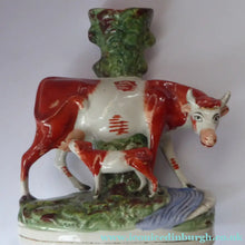 Load image into Gallery viewer, Large Staffordshire Spill Vase / Antique Figurine of a Cow Suckling her Calf by the Side of a River
