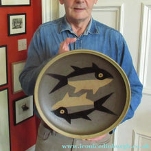 Load image into Gallery viewer, LARGE STUDIO POTTERY Stoneware Hanging Wall Charger by Susan Brittleton with Two Abstract Fishes

