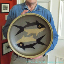 Load image into Gallery viewer, LARGE STUDIO POTTERY Stoneware Hanging Wall Charger by Susan Brittleton with Two Abstract Fishes

