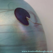 Load image into Gallery viewer, LARGE: Stunning SIGNED 1983 John Ditchfield Blue Iridescent Glass Vase with Lily-pads &amp; Whiplash Trails. 9 Inches

