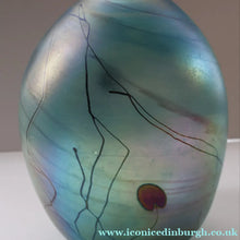 Load image into Gallery viewer, LARGE: Stunning SIGNED 1983 John Ditchfield Blue Iridescent Glass Vase with Lily-pads &amp; Whiplash Trails. 9 Inches
