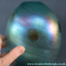 Load image into Gallery viewer, LARGE: Stunning SIGNED 1983 John Ditchfield Blue Iridescent Glass Vase with Lily-pads &amp; Whiplash Trails. 9 Inches
