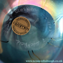 Load image into Gallery viewer, LARGE: Stunning SIGNED 1983 John Ditchfield Blue Iridescent Glass Vase with Lily-pads &amp; Whiplash Trails. 9 Inches
