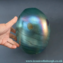 Load image into Gallery viewer, LARGE: Stunning SIGNED 1983 John Ditchfield Blue Iridescent Glass Vase with Lily-pads &amp; Whiplash Trails. 9 Inches
