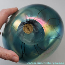 Load image into Gallery viewer, LARGE: Stunning SIGNED 1983 John Ditchfield Blue Iridescent Glass Vase with Lily-pads &amp; Whiplash Trails. 9 Inches
