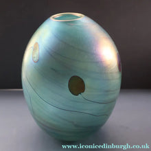Load image into Gallery viewer, LARGE: Stunning SIGNED 1983 John Ditchfield Blue Iridescent Glass Vase with Lily-pads &amp; Whiplash Trails. 9 Inches

