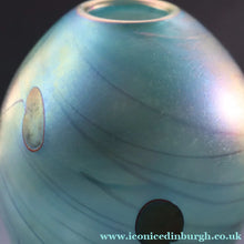 Load image into Gallery viewer, LARGE: Stunning SIGNED 1983 John Ditchfield Blue Iridescent Glass Vase with Lily-pads &amp; Whiplash Trails. 9 Inches
