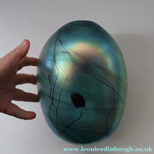 Load image into Gallery viewer, LARGE: Stunning SIGNED 1983 John Ditchfield Blue Iridescent Glass Vase with Lily-pads &amp; Whiplash Trails. 9 Inches
