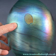 Load image into Gallery viewer, LARGE: Stunning SIGNED 1983 John Ditchfield Blue Iridescent Glass Vase with Lily-pads &amp; Whiplash Trails. 9 Inches
