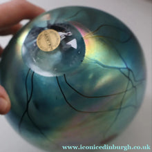 Load image into Gallery viewer, LARGE: Stunning SIGNED 1983 John Ditchfield Blue Iridescent Glass Vase with Lily-pads &amp; Whiplash Trails. 9 Inches
