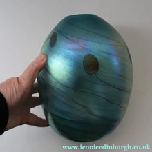 Load image into Gallery viewer, LARGE: Stunning SIGNED 1983 John Ditchfield Blue Iridescent Glass Vase with Lily-pads &amp; Whiplash Trails. 9 Inches
