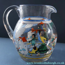 Load image into Gallery viewer, Large &amp; UNIQUE 1950s Portuguese Hand-Painted Large Glass Jug - with Comical Design Featuring People of Lisbon
