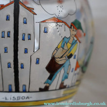 Load image into Gallery viewer, Large &amp; UNIQUE 1950s Portuguese Hand-Painted Large Glass Jug - with Comical Design Featuring People of Lisbon
