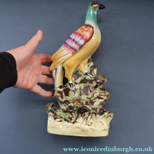 Load image into Gallery viewer, SINGLE LARGE Antique 1870s STAFFORDSHIRE Chimney Ornament of a Fancy Bird Perched on a Mossy Bank
