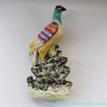 Load image into Gallery viewer, SINGLE LARGE Antique 1870s STAFFORDSHIRE Chimney Ornament of a Fancy Bird Perched on a Mossy Bank
