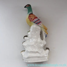 Load image into Gallery viewer, SINGLE LARGE Antique 1870s STAFFORDSHIRE Chimney Ornament of a Fancy Bird Perched on a Mossy Bank

