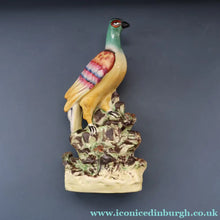 Load image into Gallery viewer, SINGLE LARGE Antique 1870s STAFFORDSHIRE Chimney Ornament of a Fancy Bird Perched on a Mossy Bank
