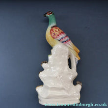 Load image into Gallery viewer, SINGLE LARGE Antique 1870s STAFFORDSHIRE Chimney Ornament of a Fancy Bird Perched on a Mossy Bank
