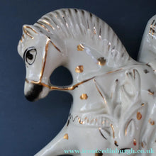 Load image into Gallery viewer, LARGE Antique Victorian STAFFORDSHIRE Figurine. Kilted Scotsman on Horseback. 14 1/2 inches height. Great Display Piece
