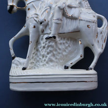 Load image into Gallery viewer, LARGE Antique Victorian STAFFORDSHIRE Figurine. Kilted Scotsman on Horseback. 14 1/2 inches height. Great Display Piece
