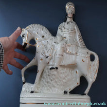 Load image into Gallery viewer, LARGE Antique Victorian STAFFORDSHIRE Figurine. Kilted Scotsman on Horseback. 14 1/2 inches height. Great Display Piece
