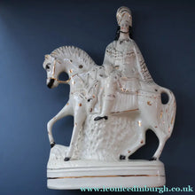 Load image into Gallery viewer, LARGE Antique Victorian STAFFORDSHIRE Figurine. Kilted Scotsman on Horseback. 14 1/2 inches height. Great Display Piece
