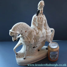 Load image into Gallery viewer, LARGE Antique Victorian STAFFORDSHIRE Figurine. Kilted Scotsman on Horseback. 14 1/2 inches height. Great Display Piece
