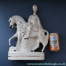 Load image into Gallery viewer, LARGE Antique Victorian STAFFORDSHIRE Figurine. Kilted Scotsman on Horseback. 14 1/2 inches height. Great Display Piece
