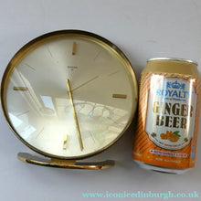 Load image into Gallery viewer, LARGE Vintage 1970s Gold Tone Round 8-Day Desk Clock with Alarm. SWISS MADE by Swiza

