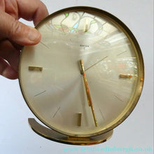 Load image into Gallery viewer, LARGE Vintage 1970s Gold Tone Round 8-Day Desk Clock with Alarm. SWISS MADE by Swiza

