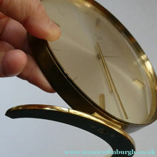 Load image into Gallery viewer, LARGE Vintage 1970s Gold Tone Round 8-Day Desk Clock with Alarm. SWISS MADE by Swiza
