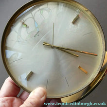 Load image into Gallery viewer, LARGE Vintage 1970s Gold Tone Round 8-Day Desk Clock with Alarm. SWISS MADE by Swiza
