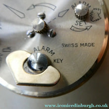 Load image into Gallery viewer, LARGE Vintage 1970s Gold Tone Round 8-Day Desk Clock with Alarm. SWISS MADE by Swiza
