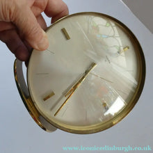 Load image into Gallery viewer, LARGE Vintage 1970s Gold Tone Round 8-Day Desk Clock with Alarm. SWISS MADE by Swiza

