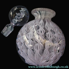 Load image into Gallery viewer, Large Vintage Clear Glass Perfume Bottle with Embedded Lilac Latticino Twists. Unsigned
