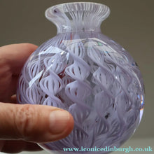 Load image into Gallery viewer, Large Vintage Clear Glass Perfume Bottle with Embedded Lilac Latticino Twists. Unsigned
